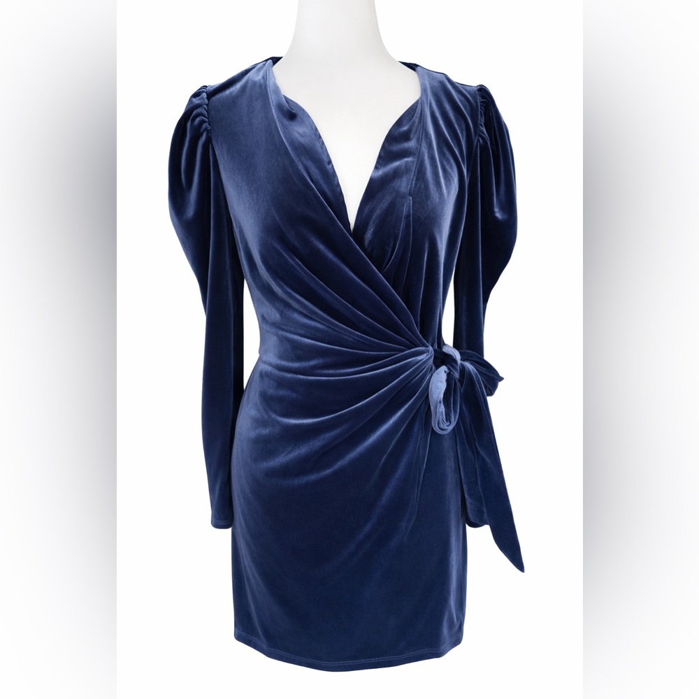 Lush Velvet Wrap Mini Dress S Stone Blue Puff Sleeve Holiday Party Cocktail Luxe